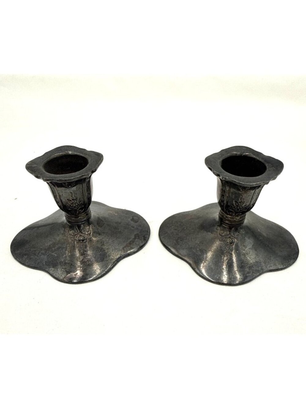 Antique Silver-Plated Ornate Candle Holders Pair Floral Engravings & Patina Fini